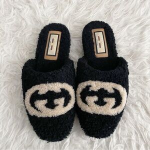 Gucci Shearling Interlocking G Womens Eileen Slippers 37.5 Black Butterscotch